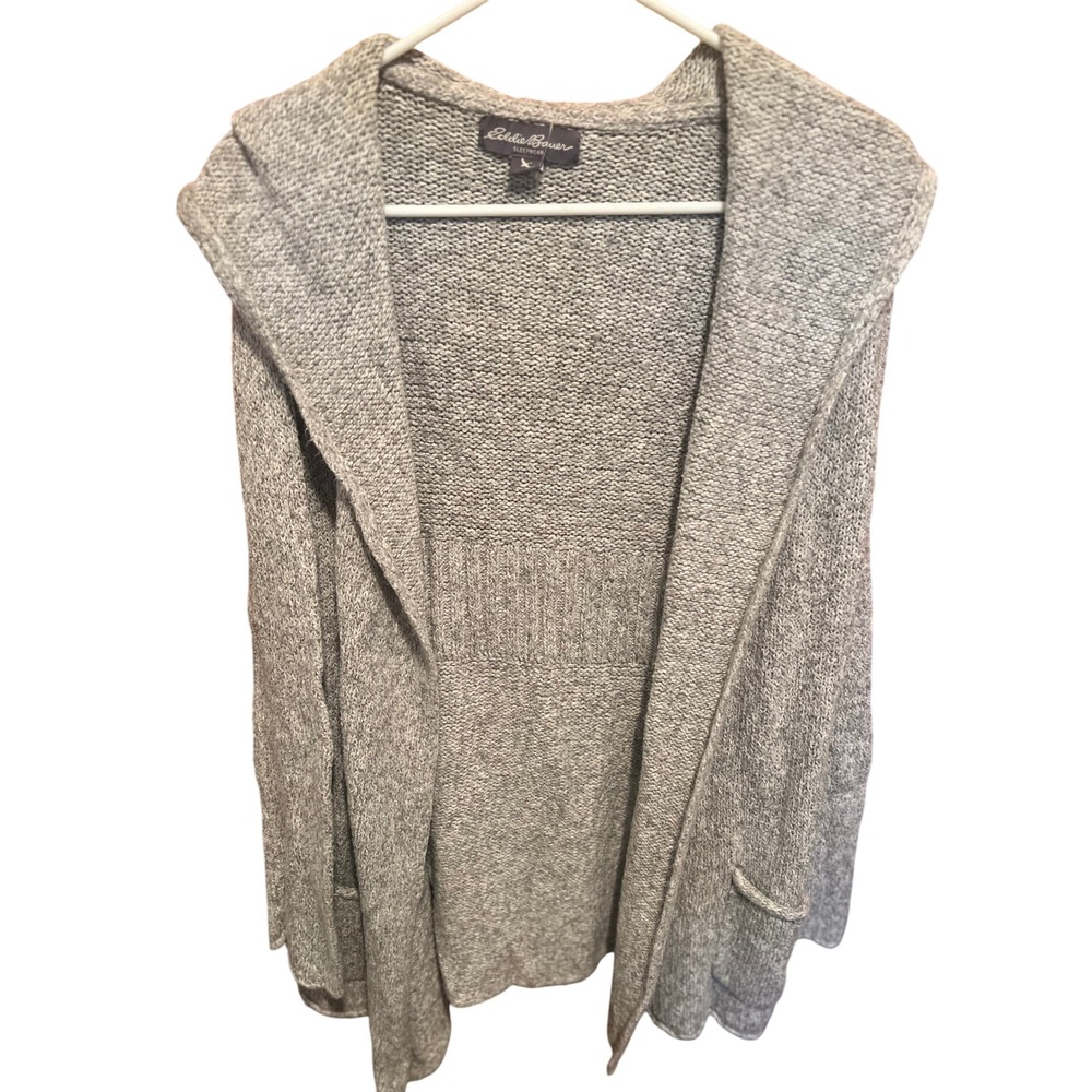 Eddie Bauer Hooded Cardigan Open Front Knit Sweater Pockets Gray XS/S